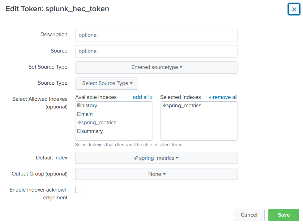 Splunk token config